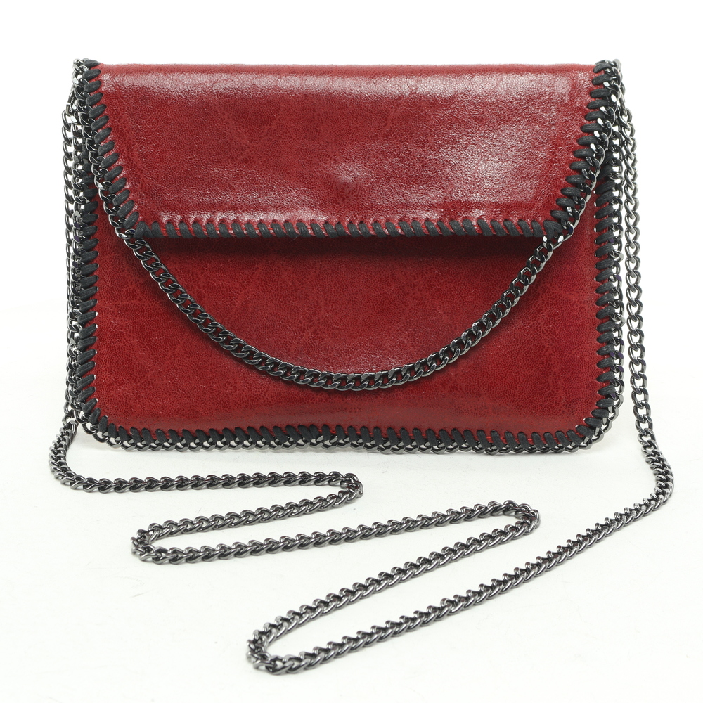 Vera Pelle Leather Chain Handle & Trim Purse Crossbody Bag 10x7x1 Red/Black